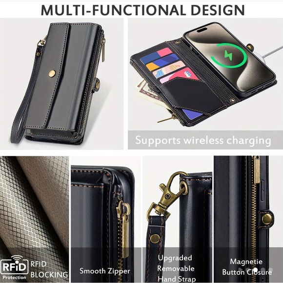 Wallet Style Phone Case, Faux Leather Crossbody Bag & Wrist Strap Shoulder Strap - Picture 3 of 5